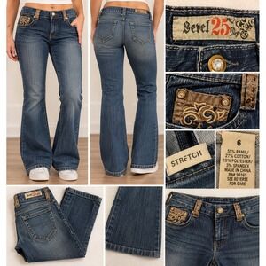 Level 25 Y2K Women Dark Wash Flare Jeans Size 6 Embroidered Stretch Denim